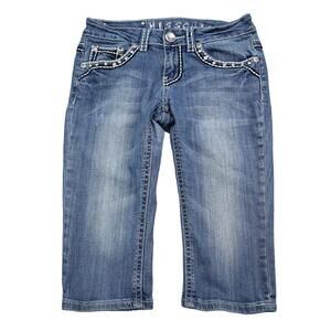 Miss Chic Pants Womens 3 Blue Capri Low Rise Rhinestone Pocket Zip Denim Jeans